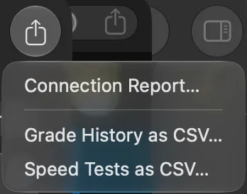 The Export menu of the Advisor toolbar: Connection Report, Grade History as CSV and Speed Tests as CSV