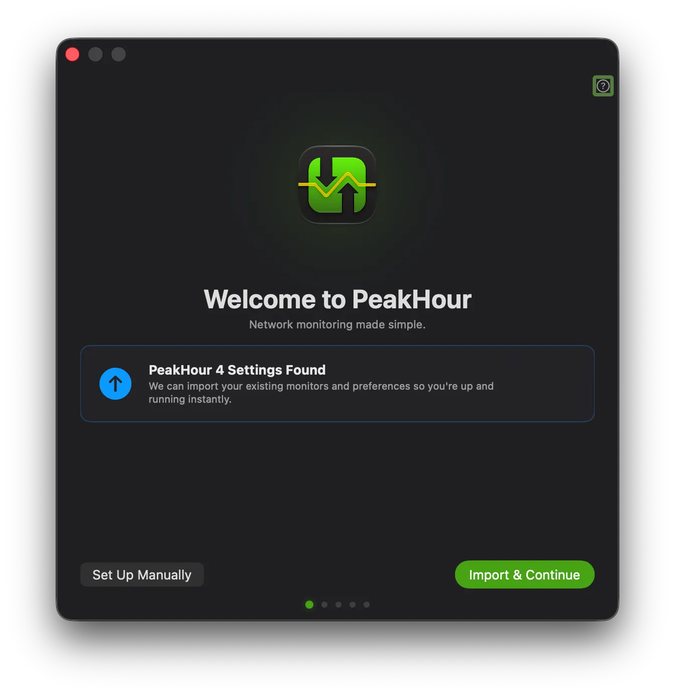 The First Time Setup welcome screen showing PeakHour 4 Settings Found and the Import & Continue button