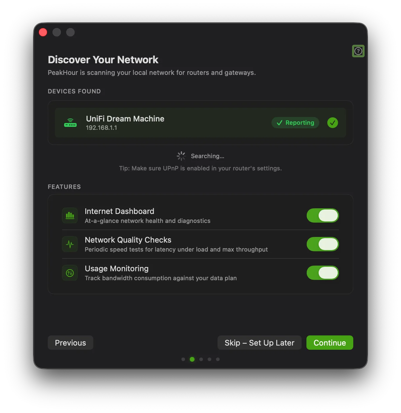 The Discover Your Network step showing a detected router and feature toggles