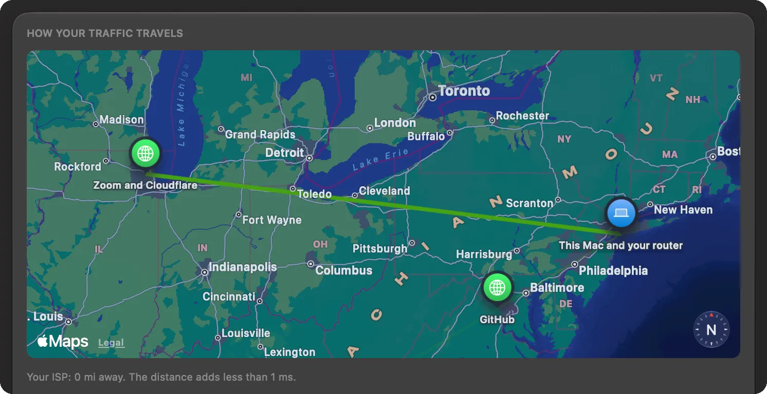 The map with the pin for this Mac and your router, and the pins of the sites