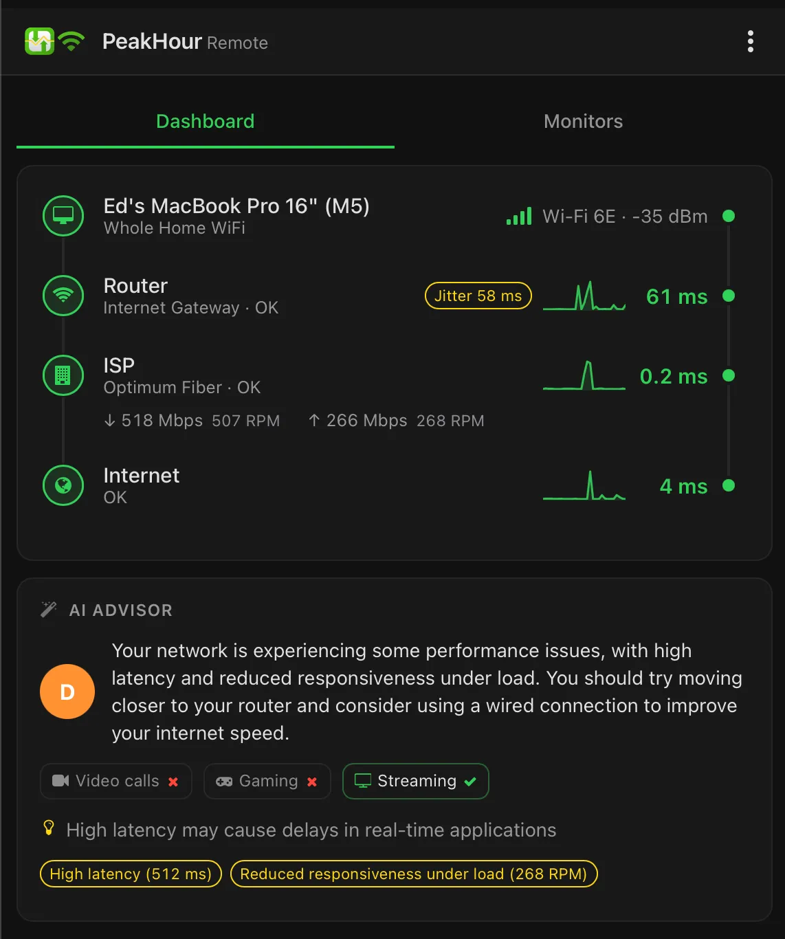 The PeakHour Remote Dashboard tab — the hop list from Mac to internet, with the AI Advisor's analysis below