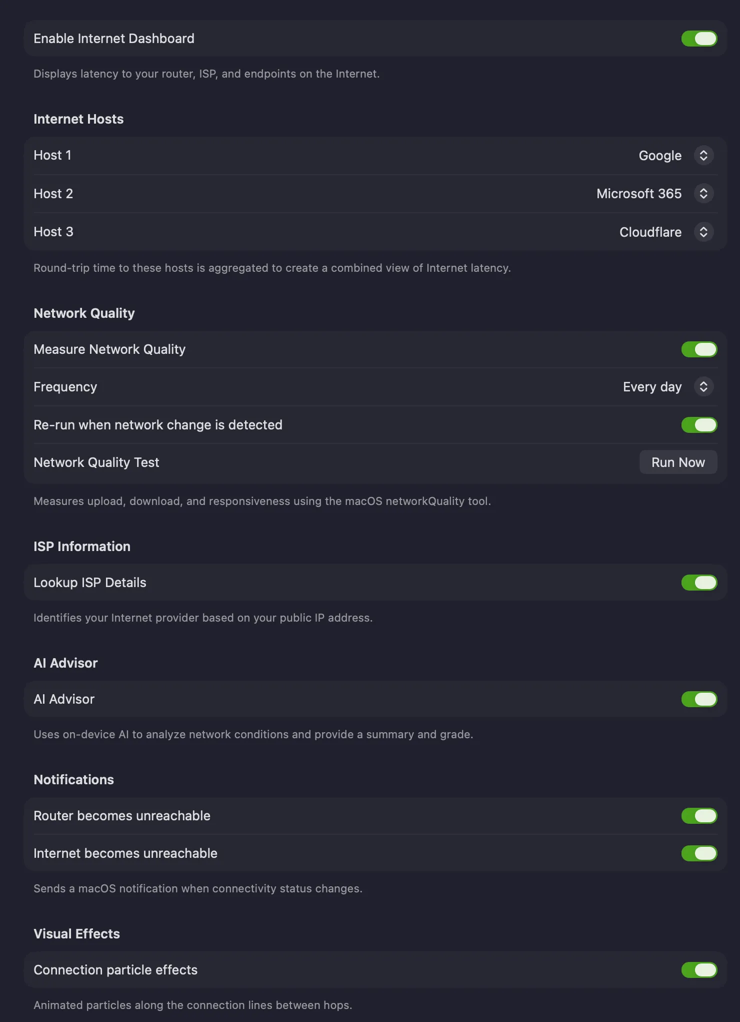 The Internet Dashboard settings page
